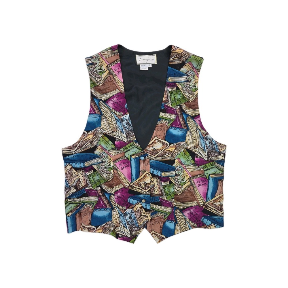 Vtg 100% Silk Vest Book Print Librarian Teacher Book Club Spencer Jeremy Size M